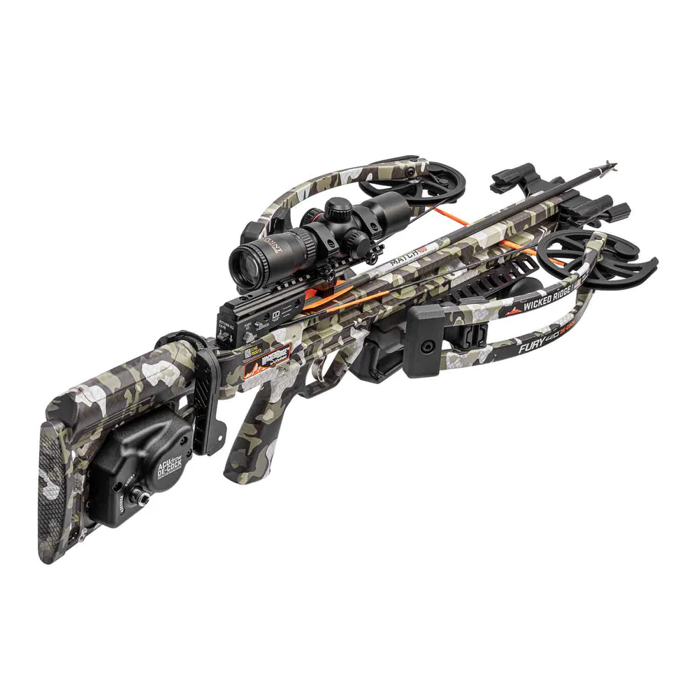 Wicked Ridge Fury 410 De-Cock Crossbow, Fury 410 De-Cock Package, RangeMaster Pro Scope, compact reverse-draw crossbow, elite performance, small frame, maneuverable crossbow, blistering 410 FPS speed, ACUdraw De-Cock technology, safest crossbow, user-friendly crossbow, 29 inch length crossbow, 9 inch axle-to-axle cocked, mobility precision, better balance, increased power stroke, less vibration, silent cocking, controlled de-cocking, 5 lbs effort, no risk injury, unloading crossbow, Auto-Brake Gear System, total control, D-1 two-stage trigger, crisp clean 3.5 lb pull, DFP Dry-Fire Prohibitor, safe handling, Reaper Cam System, ultra-narrow limbs, deadly downrange accuracy, reduced vibration, minimal noise, 200 lbs draw weight, 7.5 lbs weight, Peak XT camo, largest safety wings, finger protection, Weaver-style dovetail, nylon-filament arrow retention brush, string stop system, reduces shot vibration, reduces shot noise, ready-to-hunt package, three carbon arrows, quiver, next-level safety, performance value, quiet compact deadly precision, where to buy Wicked Ridge Fury 410, Wicked Ridge Fury 410 price, best stores to buy Wicked Ridge, buy crossbow online, Fury 410 cost.