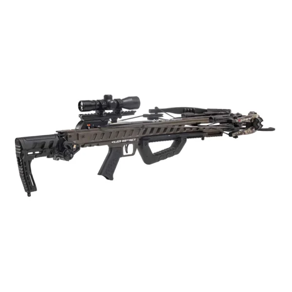 Killer Instinct FUEL 415 Crossbow, FUEL 415 Kit, high-speed hunting, high-performance hunting, 415 FPS crossbow, 141 ft-lbs kinetic energy, tough game hunting, shooter comfort, 6-position adjustable buttstock, custom fit, RDC Crank System, fast silent cocking, stealthy follow-up shots, tactical advantage, versatile crossbow, easy to use crossbow, durable sleek frame, balanced crossbow, reduce shooter fatigue, 3.5 lb trigger, smooth consistent releases, 15.5 inch power stroke, 14.75 inch axle-to-axle cocked, compact maneuverability, heavy-hitting performance, lightweight crossbow, LUMIX 4x32 Illuminated Scope, precision targeting, 20 inch HYPR Lite Bolts, Fast-Attach Side Mount Quiver, Sled Rope Cocker, Barrel Lube, Limited Lifetime Warranty, upgrading crossbow, starting fresh crossbow, speed precision reliability, where to buy Killer Instinct FUEL 415, FUEL 415 price, best stores to buy Killer Instinct, buy crossbow online, FUEL 415 cost.
