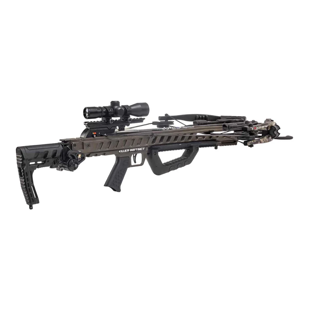 Killer Instinct FUEL 415 Crossbow, FUEL 415 Kit, high-speed hunting, high-performance hunting, 415 FPS crossbow, 141 ft-lbs kinetic energy, tough game hunting, shooter comfort, 6-position adjustable buttstock, custom fit, RDC Crank System, fast silent cocking, stealthy follow-up shots, tactical advantage, versatile crossbow, easy to use crossbow, durable sleek frame, balanced crossbow, reduce shooter fatigue, 3.5 lb trigger, smooth consistent releases, 15.5 inch power stroke, 14.75 inch axle-to-axle cocked, compact maneuverability, heavy-hitting performance, lightweight crossbow, LUMIX 4x32 Illuminated Scope, precision targeting, 20 inch HYPR Lite Bolts, Fast-Attach Side Mount Quiver, Sled Rope Cocker, Barrel Lube, Limited Lifetime Warranty, upgrading crossbow, starting fresh crossbow, speed precision reliability, where to buy Killer Instinct FUEL 415, FUEL 415 price, best stores to buy Killer Instinct, buy crossbow online, FUEL 415 cost.