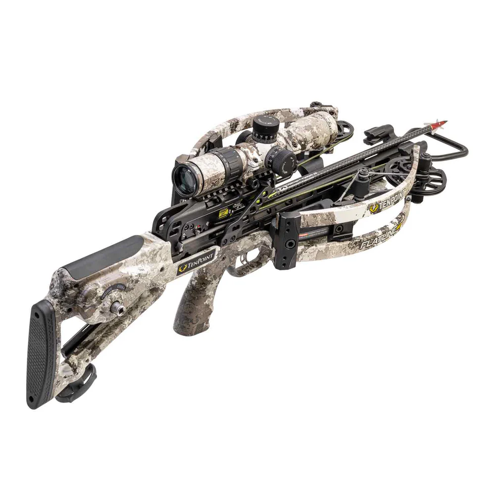 TenPoint Flatline 460 Crossbow, Flatline 460 Package, Evo-X Elite Scope, compact speed precision, mobile hunter, maximum speed accuracy mobility, powerful bow, 460 feet per second, fastest crossbow, maneuverable crossbow, unique reverse-draw design, enhanced speed power, smaller package, move swiftly, shoot with confidence, tight spaces hunting, dense woods, treestands, ultra-compact frame, reduces weight bulk, improving carry comfort, shot opportunities, long hunts, safety ease of use, integrated ACUslide cocking de-cocking system, silent safe effortless handling, adjustable stock, personalized comfort, better stability, shooting accuracy, S1 Trigger System, crisp clean break, advanced 100-yard EVO-X Elite 2.0 Scope, crystal-clear optics, precision aiming, 100 yards, Scope Struts, added durability stability, rugged conditions, MICRO-TRAC barrel, extends string life, overall reliability performance, Tech Quiver, Sentry Bowhanger, 16-inch EVO-X CenterPunch Carbon Arrows, ready-to-hunt choice, serious hunter, unmatched mobility accuracy, where to buy TenPoint Flatline 460, TenPoint Flatline 460 price, best stores to buy TenPoint, buy crossbow online, Flatline 460 cost.