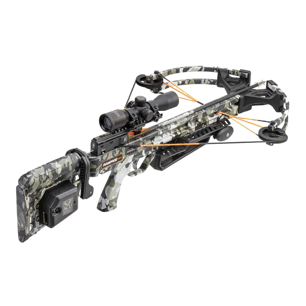 Wicked Ridge Rampage XS Crossbow, Rampage XS Package, ACUdraw crossbow, compact power crossbow, effortless cocking, serious hunters, lightweight crossbow, maneuverable crossbow, accurate bow, 390 FPS speed, tight hunting environments, tree stands hunting, blinds hunting, thick brush hunting, mobility essential, quick target acquisition, 15 inch wide crossbow, compact crossbow class, shoot confidently, confined spaces, American-built quality, out-of-box accuracy, every shot counts, innovative ACUdraw cocking device, reduces cocking effort, reduces cocking noise, ACUdraw crank handle, effortless safe cocking, consistent cocking, accessible to all skill levels, reduces fatigue, stay focused, T5 trigger system, smooth crisp 3.5 pound pull weight, precision shooting, Pro-View Scope, illuminated reticle, clear accurate aiming, low-light conditions, shot confidence, dawn dusk hunts, 3-Pack Match 400 Carbon Arrows, quiver, beginner crossbow, experienced hunter, reliable compact option, unbeatable value, ease of use, performance, powerful accurate crossbow, where to buy Wicked Ridge Rampage XS, Rampage XS price, best stores to buy Wicked Ridge, buy crossbow online, Rampage XS cost.