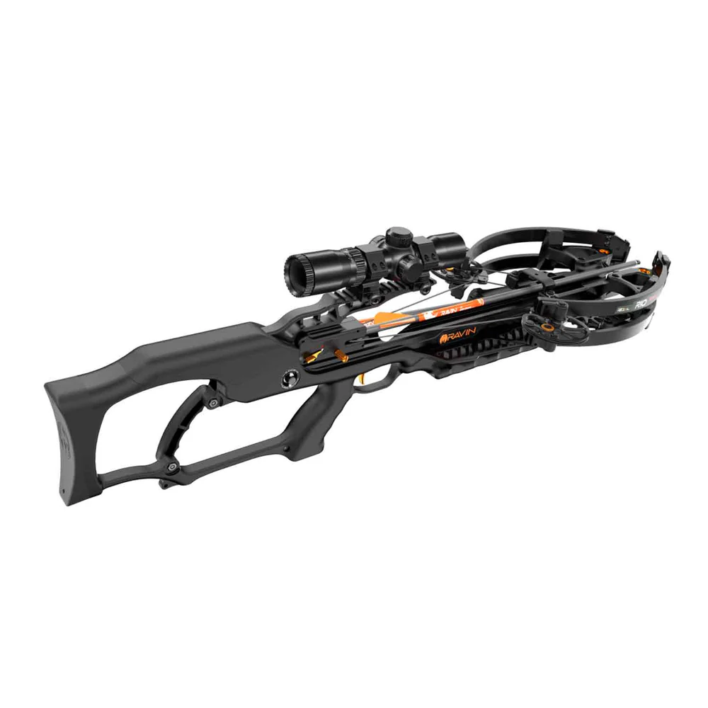Ravin R10 Crossbow Package, R10 Black, compact power precision, ready to hunt, speed accuracy maneuverability, tight environments, improved stock design, short overall length, quick shots, dense cover, narrow treestands, fully assembled, pre-tuned, right out of the box, built-in cocking system, simplifies cocking, effortless consistent draw, anti-dry fire, auto safety systems, protecting user crossbow, accidental discharge, impressive power, velocity 400 FPS, kinetic energy 142 ft/lbs, lethal force, medium large game, compact frame, 6.5 inch axle-to-axle cocked, 10.5 inch un-cocked, total length 33 inches, weighing 6.8 pounds, excellent maneuverability, 11 inch power stroke, Built-in Sling Mounts, Removable Draw Handle, Quiver Mounting Bracket, 3 Ravin .003 Premium Arrows, Field Tips, 400 Grain Total, 100 Yard Illuminated Scope, innovative design, powerful performance, ideal for hunters, speed accuracy confined spaces, top-tier crossbow, next hunt, where to buy Ravin R10, Ravin R10 price, best stores to buy Ravin, buy crossbow online, Ravin R10 cost.