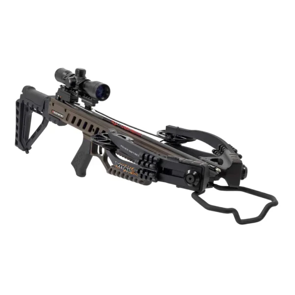 Killer Instinct Vital-X Crossbow, Vital-X Package, smooth compact accurate, hard-hitting performance, sleek frame, ultimate maneuverability, X-Cam technology, 50% let-off draw system, smoother shots, less vibration, easier cocking, 405 FPS crossbow, serious hunters, power precision, ultra-narrow frame, 6.75 inch axle-to-axle cocked, easy to shoulder, blinds hunting, treestands hunting, lightweight 6.4 lb build, 31.5 inch overall length, supreme control, balance, fast-moving situations, tight shooting, crank compatible, Compact DSC Narrow Sled Crank, effortless cocking, user convenience, quieter shooting, stealthy advantage, 142 ft-lbs kinetic energy, 14.25 inch power stroke, effective takedowns, anti-dry fire mechanism, enhanced safety, accidental misfires, new to crossbows, seasoned hunter, grow with skills, reliable performance, season after season, long-term hunting companion, Limited Lifetime Warranty, Lumix 4x32 Illuminated Scope, precision targeting, Rope Cocker, Quiver, 20 inch HYPR Bolts, 390 Grains, field tips, Rail Lube, rugged terrain hunting, tight blinds, unmatched power, reliability, where to buy Killer Instinct Vital-X, Vital-X price, best stores to buy Killer Instinct, buy crossbow online, Vital-X cost.