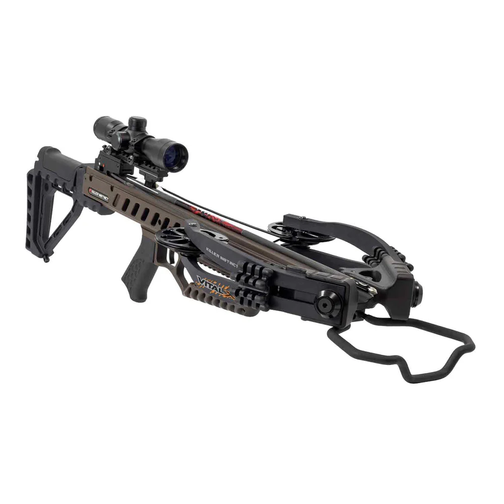 Killer Instinct Vital-X Crossbow, Vital-X Package, smooth compact accurate, hard-hitting performance, sleek frame, ultimate maneuverability, X-Cam technology, 50% let-off draw system, smoother shots, less vibration, easier cocking, 405 FPS crossbow, serious hunters, power precision, ultra-narrow frame, 6.75 inch axle-to-axle cocked, easy to shoulder, blinds hunting, treestands hunting, lightweight 6.4 lb build, 31.5 inch overall length, supreme control, balance, fast-moving situations, tight shooting, crank compatible, Compact DSC Narrow Sled Crank, effortless cocking, user convenience, quieter shooting, stealthy advantage, 142 ft-lbs kinetic energy, 14.25 inch power stroke, effective takedowns, anti-dry fire mechanism, enhanced safety, accidental misfires, new to crossbows, seasoned hunter, grow with skills, reliable performance, season after season, long-term hunting companion, Limited Lifetime Warranty, Lumix 4x32 Illuminated Scope, precision targeting, Rope Cocker, Quiver, 20 inch HYPR Bolts, 390 Grains, field tips, Rail Lube, rugged terrain hunting, tight blinds, unmatched power, reliability, where to buy Killer Instinct Vital-X, Vital-X price, best stores to buy Killer Instinct, buy crossbow online, Vital-X cost.