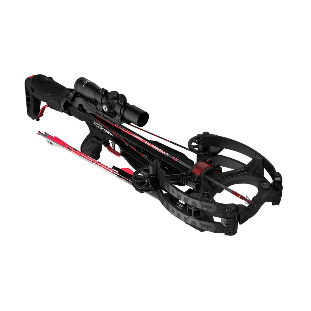 Barnett Hyper Raptor Crossbow, Hyper Raptor Package, 410 FPS crossbow, bone-crushing speed, precision engineering, cutting-edge technology, 142 ft-lbs kinetic energy, HyperFlite 20 inch arrows, small-diameter arrows, deeper penetration, improved accuracy, compact design crossbow, 7.1 lbs crossbow, 7.3 inch axle-to-axle cocked, dense brush hunting, tight blinds, treestand hunting, TriggerTech frictionless release, anti-dry fire safety, adjustable length-of-pull butt stock, safe comfortable accurate crossbow, Infinity Cam System, Pivoting Limb Pockets, Halo System, smoother cocking, smoother shooting, speed strength stealth, seasoned hunter, gear upgrade, 205 lbs draw weight, 14 inch power stroke, 4x36 illuminated multi-reticle scope, flip-up caps, sled-style rope cocking device, side-mount quiver, quick detach quiver, pre-installed Hyper Raptor CCD Stock, lubrication wax, CNC Machined Aluminum Flight Track, Pass-Through Forend, Verti-Grip Palm Rest, Pre-installed String Dampeners, Soft-Lok Floating Bristle Arrow Retainer, where to buy Barnett Hyper Raptor, Hyper Raptor price, best stores to buy Barnett, buy crossbow online, Hyper Raptor cost.