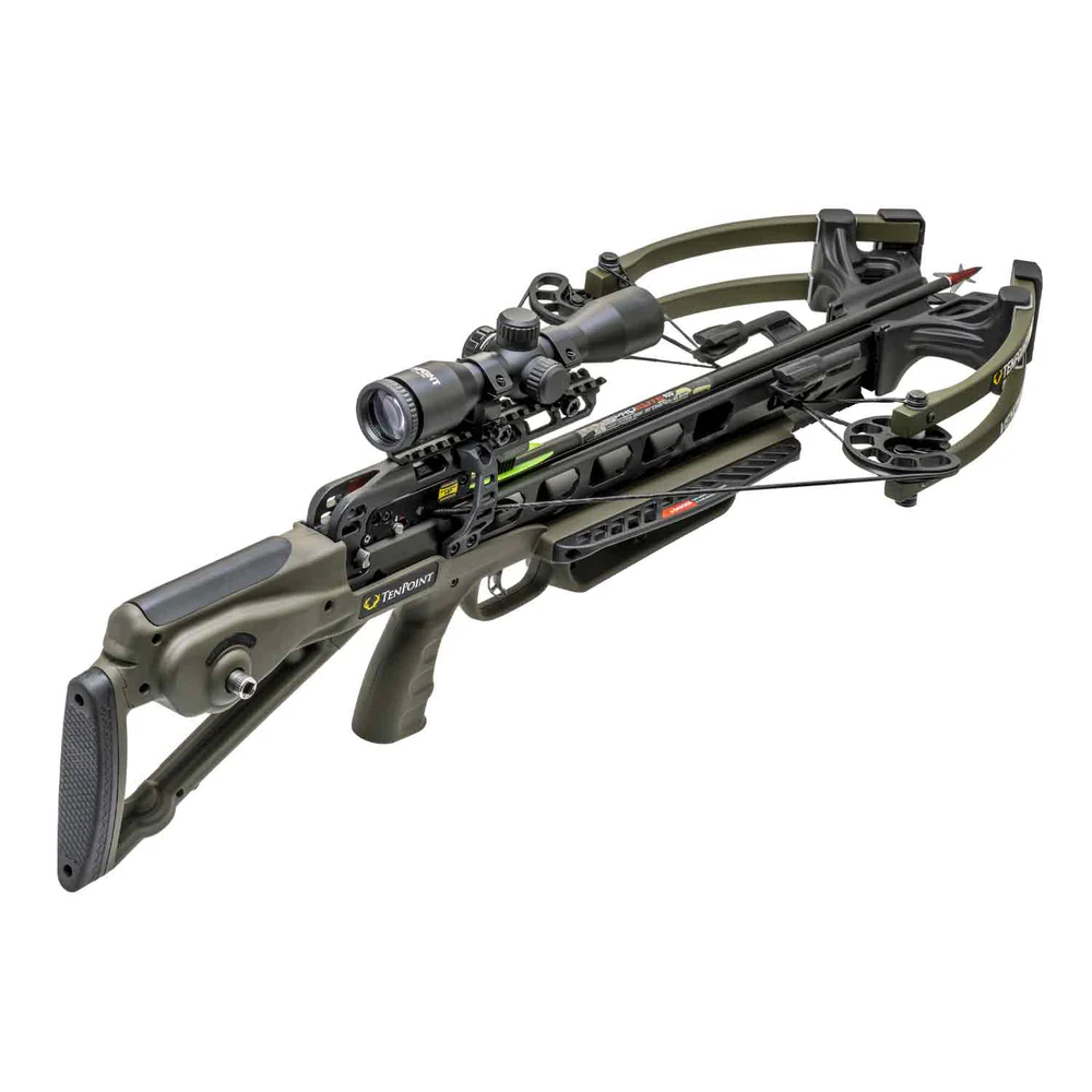 TenPoint Venom X Crossbow, Venom X Moss Green, ACUslide innovation, 2024 hunts, lightweight crossbow, affordable ACUslide, powerful performance, compact hunter-friendly build, 390 FPS crossbow, 6.9 lbs crossbow, mobility efficiency precision, tight treestands, ground blinds hunting, compact 32.5 inch length, 9.75 inch axle-to-axle cocked, reduces cam limb contact, confined spaces, innovative ACUslide cocking, decocking system, silent safe cocking, silent safe decocking, stealth hunting, upgraded 70-yard Pro-View 400 scope, clear aimpoints, refined reticle, excellent target acquisition, advanced S1 trigger, roller sear system, smooth two-stage zero-creep pull, greater control accuracy, rugged scope struts, rock-solid platform, durability stability optics, rough conditions, convenient bow hook, easy hanging stands, moss green finish, blends seamlessly natural environments, power stroke 11.75 inches, packs enough punch, take down big game, lightweight maneuverable, Pro Elite 400 Arrows 410 grains, Quiver, beginners hunters, experienced hunters, unmatched value, precision portability, efficient crossbow.