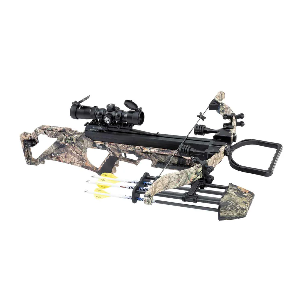 Excalibur Mini Suppressor Extreme Crossbow, Mini Suppressor Extreme Package, 400 FPS crossbow, lightweight crossbow, ultra-compact crossbow, stealth hunting, speed crossbow, precision hunting, recurve limb technology, advanced noise reduction, R.E.D.S. suppressors, sound deadening system, superior maneuverability, tight spaces hunting, tree stand hunting, blind hunting, Charger EXT mechanical crank, effortless cocking, whisper-quiet de-cocking, safe operation, silent operation, CeaseFire safety mechanism, match-grade rifle trigger, crisp consistent release, ultimate accuracy, Mossy Oak Break-Up Country finish, effective camouflage, external crank, 18 lbs draw weight, accessible crossbow, Tact-100 illuminated scope, 30mm rings, precise aiming, low light conditions, Rebolt Quiver, 4 Proflight 16.5 arrows, 100 grain field points, premium crossbows, archery equipment, hunting accessories, where to buy Excalibur Mini Suppressor Extreme, Excalibur Mini Suppressor Extreme price, best stores to buy Excalibur, buy crossbow online, Mini Suppressor Extreme cost.