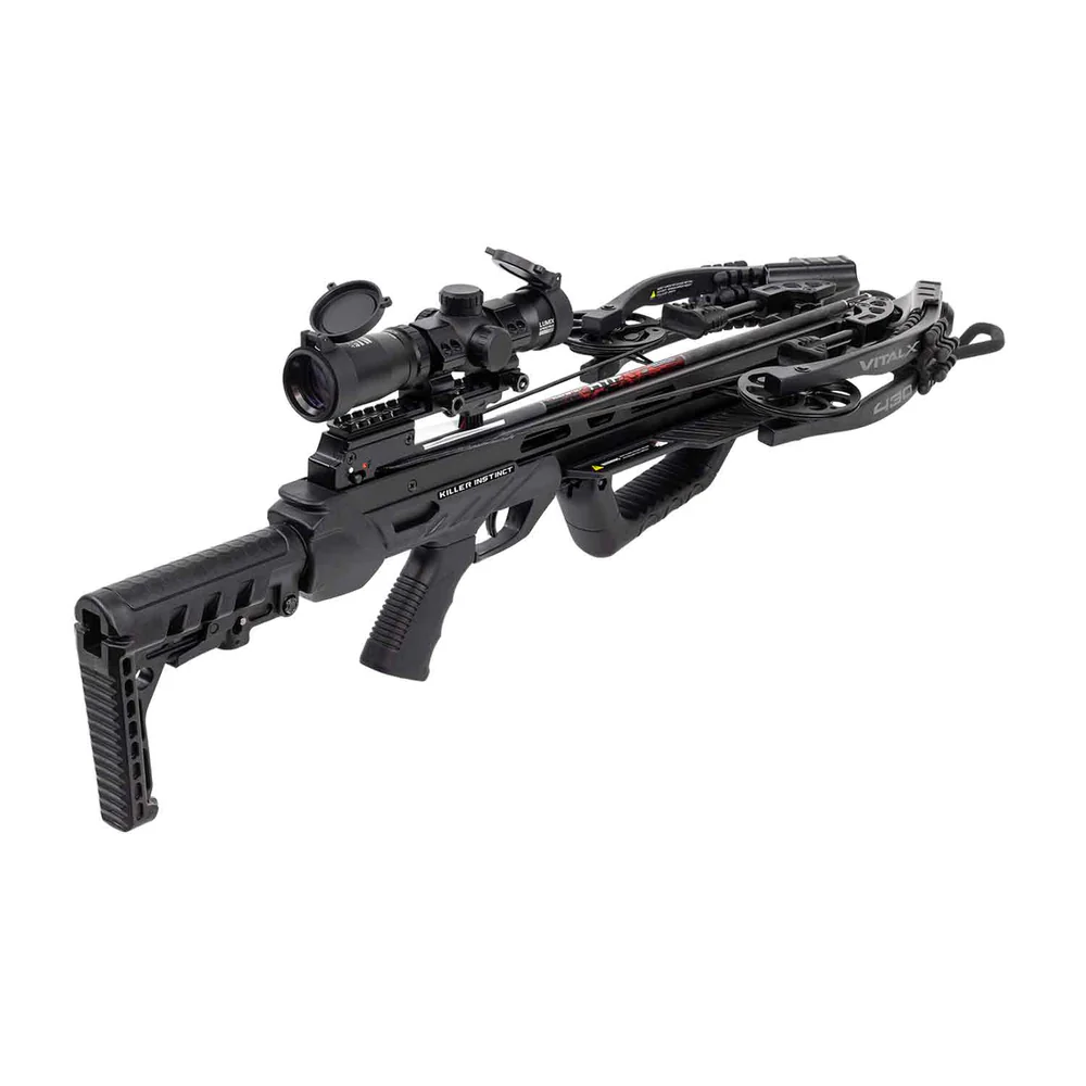 Killer Instinct Vital-X 430 Elite Crossbow, Vital-X 430 Package, smooth silent 430 FPS, serious hunters, speed precision, compact platform, blazing 430 FPS, X-Cam Technology, effortless draw, reduced vibration, whisper-quiet shots, elite hunting, ultimate stealth, 6.75 inch axle-to-axle cocked, ultra-narrow crossbow, tight spaces hunting, blinds hunting, tree stands hunting, fully synchronized cam system, CNC-machined aluminum rail, consistent accuracy, adjustable stock, interchangeable pistol grip, rail-mounted foregrip, full customization, comfort control, high-performance crossbow, 1.5-5x32 Speed Ring Scope, velocity-specific aiming points, deadly precision, extended ranges, anti-dry fire mechanism, enhances safety, accidental misfires, DSC Sled Crank compatibility, versatile powerful user-friendly, 195 lbs draw weight, 15 inch power stroke, 35 inch length, 7.8 lbs weight, black crossbow, 50% let-off, tight-spot shooting, Killer Instinct Speed Ring Scope, quick-detach quiver, 20 inch HYPR 390 grain bolts, field points, Killertech 100 grain broadhead, decocking point, sled rope cocker, rail lube, maximum performance minimal effort, where to buy Killer Instinct Vital-X 430, Vital-X 430 price, best stores to buy Killer Instinct, buy crossbow online, Vital-X 430 cost.