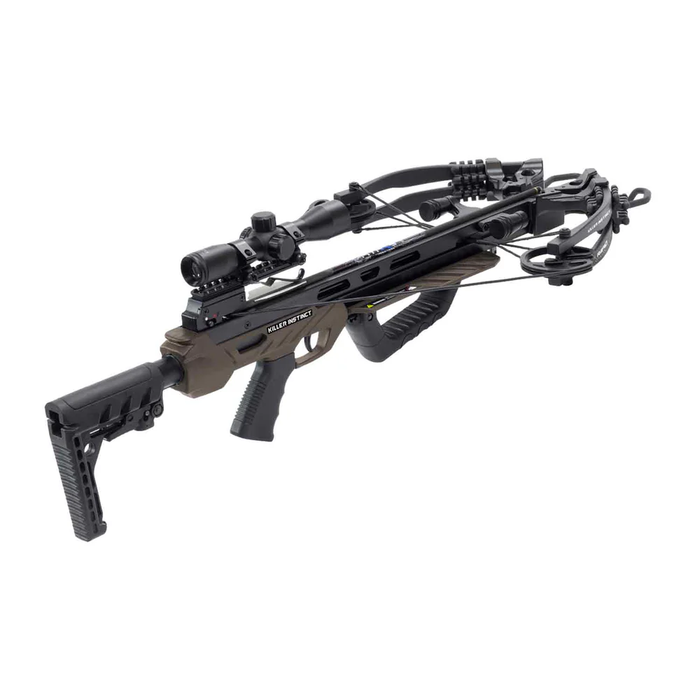 Killer Instinct Rapid 420 Crossbow, Rapid 420 Package, 420 FPS crossbow, high-velocity power, precision hunting, hardcore hunters, unmatched speed, accuracy, dependability, rugged setup, big game hunting, confidence and consistency, precision-machined aluminum barrel, exceptional downrange accuracy, consistent flight performance, 6-position adjustable buttstock, adjustable X-Lok foregrip, customize fit, better control, balance comfort, integrated Dead Silent Kit, reduce vibration, reduce sound, stealthy hunting, undetected, DSC Narrow Sled Crank compatible, easier cocking, brown and black finish, tough crossbow, withstand brutal conditions, Killer Instinct limited lifetime warranty, long-term investment, Lumix 4x32 Scope, precise aiming, quiver, 20 inch HYPR Lite Bolts, 370 grains, field tips, rail lube, maximum speed crossbow, killer precision crossbow, long-term reliability crossbow, avid bowhunters, serious outdoorsmen, extreme speed crossbow, pinpoint accuracy, rugged durability, adjustable stealthy design, where to buy Killer Instinct Rapid 420, Rapid 420 price, best stores to buy Killer Instinct, buy crossbow online, Rapid 420 cost.