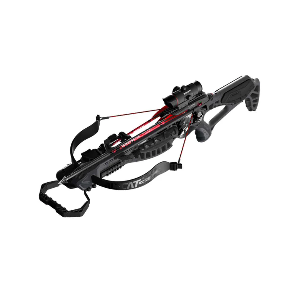 Barnett Wildcat CRX Recurve Crossbow, Wildcat CRX Package, classic recurve, modern precision, traditional archery, cutting-edge design, reliable crossbow, tactical recurve, hunting crossbow, target shooting crossbow, 280 FPS arrow speed, recurve limb system, smooth handling, consistent accuracy, lightweight 6.1 lb frame, durable machined composite stock, smoke gray stock, soft-touch textured grips, improved control, comfort, precision red dot scope, neoprene scope armor cover, rapid target acquisition, pass-through foregrip, finger reminders, enhanced safety, stability, Rope-hold Cocking Groove, easy drawing, rope cocking device, reducing strain, Anti-Dry Fire ADF Trigger System, Soft-Lok Floating Arrow Retainer, Metal Injected Molded trigger, consistent safe shooting, 195 lbs draw weight, 12 inch power stroke, 32.88 inch length, 18.38 inch cocked width, 25.5 inch uncocked width, Grey crossbow, Patented Quick-Attach Recurve Limb System, MIM Trigger, ADF Technology, Three Picatinny Rails, custom accessories, premium comfort grip, cheek pieces, easy-to-use rope cocking device, side-mounted quiver, 20 inch Headhunter Arrows, stalking game, practicing at range, dependable no-fuss crossbow, precision recurve power, where to buy Barnett Wildcat CRX, Wildcat CRX price, best stores to buy Barnett, buy crossbow online, Wildcat CRX cost.
