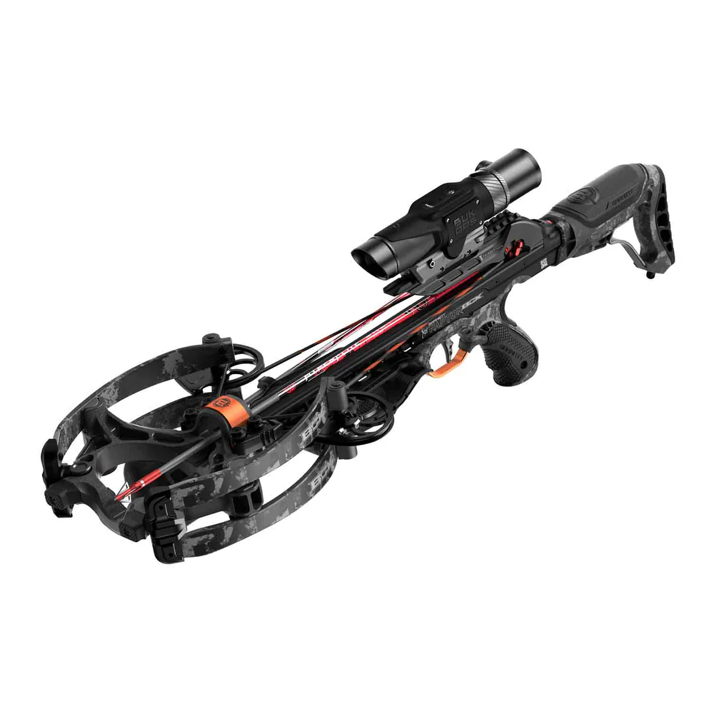 Barnett Hyper Raptor BCX Crossbow, Hyper Raptor Package, 410 FPS crossbow, rangefinding scope crossbow, compact hunting crossbow, 7.3 inch axle-to-axle, lightweight crossbow, HyperFlite arrows, Halo System, TriggerTech trigger, Anti-Dry Fire, adjustable buttstock, Verti-Grip, string dampeners, Buk Ops scope, sled cocking device, premium quiver, hunting conditions, precision crossbow, durable crossbow, reliable shooting, pinpoint accuracy, safety features, quiet hunting, complete crossbow setup, bowhunting weapon, treestand hunting, blind hunting, stalking crossbow, top-tier crossbow, best stores to buy crossbows, where to buy Barnett Hyper Raptor, Hyper Raptor BCX price, buy crossbow online, Hyper Raptor cost.