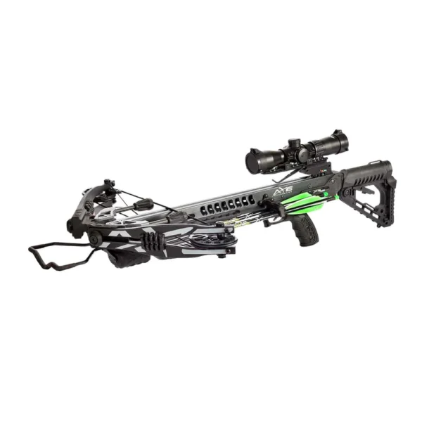 Axe AX400 Crossbow Kit, high performance crossbow, value crossbow 2024, 400 FPS crossbow, accurate crossbow, versatile crossbow, lightweight crossbow, compact crossbow, ambidextrous crossbow, Anti-Dry Fire crossbow, multi-position buttstock, adjustable foregrip, extruded aluminum rail, 200 lb limbs, 4x multi-reticle scope, dual string suppressors, limb dampeners, quiet crossbow, smooth shooting crossbow, quiver mounting system, rope cocking device, Quiet Crank system, quick-detach quiver, Carbon Express PileDriver380, crossbow for hunting, best crossbow value, affordable crossbow, beginner crossbow, advanced crossbow.