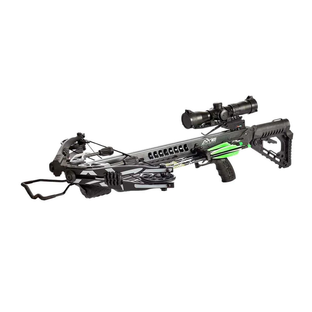 Axe AX400 Crossbow Kit, high performance crossbow, value crossbow 2024, 400 FPS crossbow, accurate crossbow, versatile crossbow, lightweight crossbow, compact crossbow, ambidextrous crossbow, Anti-Dry Fire crossbow, multi-position buttstock, adjustable foregrip, extruded aluminum rail, 200 lb limbs, 4x multi-reticle scope, dual string suppressors, limb dampeners, quiet crossbow, smooth shooting crossbow, quiver mounting system, rope cocking device, Quiet Crank system, quick-detach quiver, Carbon Express PileDriver380, crossbow for hunting, best crossbow value, affordable crossbow, beginner crossbow, advanced crossbow.