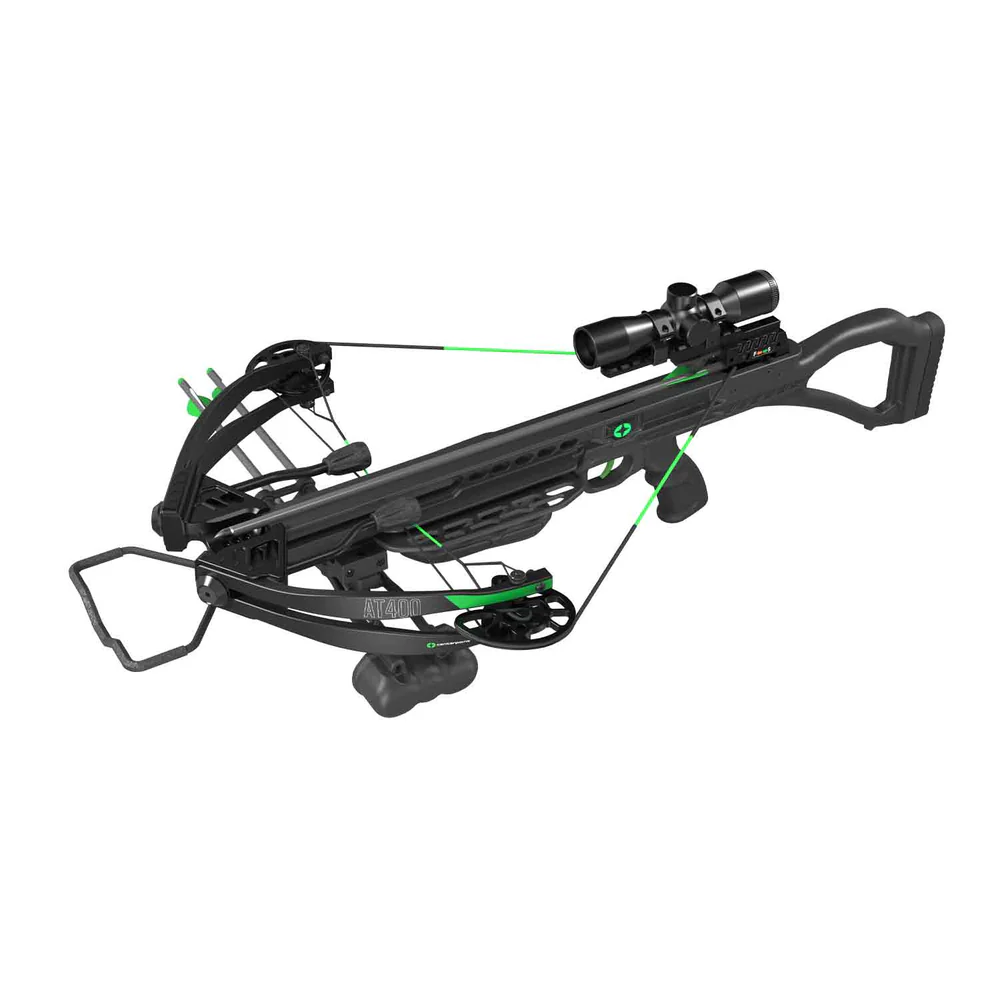 Centerpoint AT400 Crossbow, AT400 Package, 400 FPS crossbow, silent crank crossbow, lightweight hunting crossbow, compact crossbow, easy to handle crossbow, durable crossbow, reliable accuracy, adjustable foregrip, oversized stirrup, Anti-Dry Fire System, limb dampeners, string stops, high performance crossbow, entry-level hunter, experienced hunter, versatile hunting, tree stand crossbow, blind hunting, 4x32mm scope, complete crossbow package, best beginner crossbow, where to buy Centerpoint AT400, Centerpoint AT400 price, best stores to buy crossbows, buy crossbow online, AT400 cost.