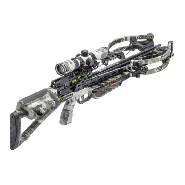 TenPoint Stealth 450R Crossbow, Stealth 450R Package, precision speed silent power, every hunt, reliability speed top-tier performance, raw power, advanced safety accuracy, fastest forward draw crossbow, 450 feet per second, long-range accuracy, large game hunting, fully assembled out of box, no extra setup required, revolutionary ACUslide cocking, decocking system, silent operation, improved control field, narrow 6.5 inch axle-to-axle cocked, unbeatable mobility, treestand hunting, tight blind, accuracy amplified, Vektra RangeMaster 100 scope, long-distance precision, low light terrain, open terrain, S2 trigger system, Dry Fire Prevention technology, extra layer safety, performance consistency, reinforced scope struts, aim stays steady, under pressure, Vektra Camo finish, premium hunting arrows, powerful draw, compact design, field-ready accessories, top-tier hunting experience, serious hunters, elevate success, where to buy TenPoint Stealth 450R, Stealth 450R price, best stores to buy TenPoint, buy crossbow online, Stealth 450R cost.