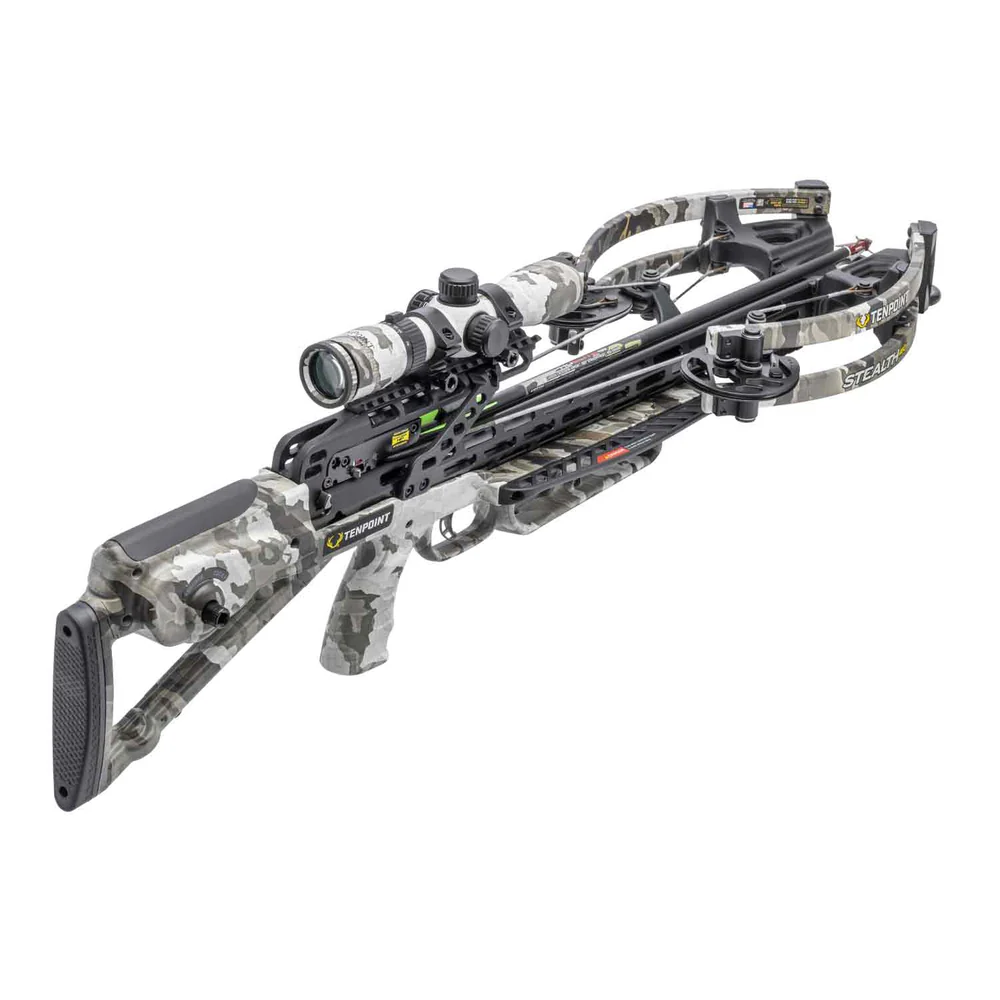TenPoint Stealth 450R Crossbow, Stealth 450R Package, precision speed silent power, every hunt, reliability speed top-tier performance, raw power, advanced safety accuracy, fastest forward draw crossbow, 450 feet per second, long-range accuracy, large game hunting, fully assembled out of box, no extra setup required, revolutionary ACUslide cocking, decocking system, silent operation, improved control field, narrow 6.5 inch axle-to-axle cocked, unbeatable mobility, treestand hunting, tight blind, accuracy amplified, Vektra RangeMaster 100 scope, long-distance precision, low light terrain, open terrain, S2 trigger system, Dry Fire Prevention technology, extra layer safety, performance consistency, reinforced scope struts, aim stays steady, under pressure, Vektra Camo finish, premium hunting arrows, powerful draw, compact design, field-ready accessories, top-tier hunting experience, serious hunters, elevate success, where to buy TenPoint Stealth 450R, Stealth 450R price, best stores to buy TenPoint, buy crossbow online, Stealth 450R cost.