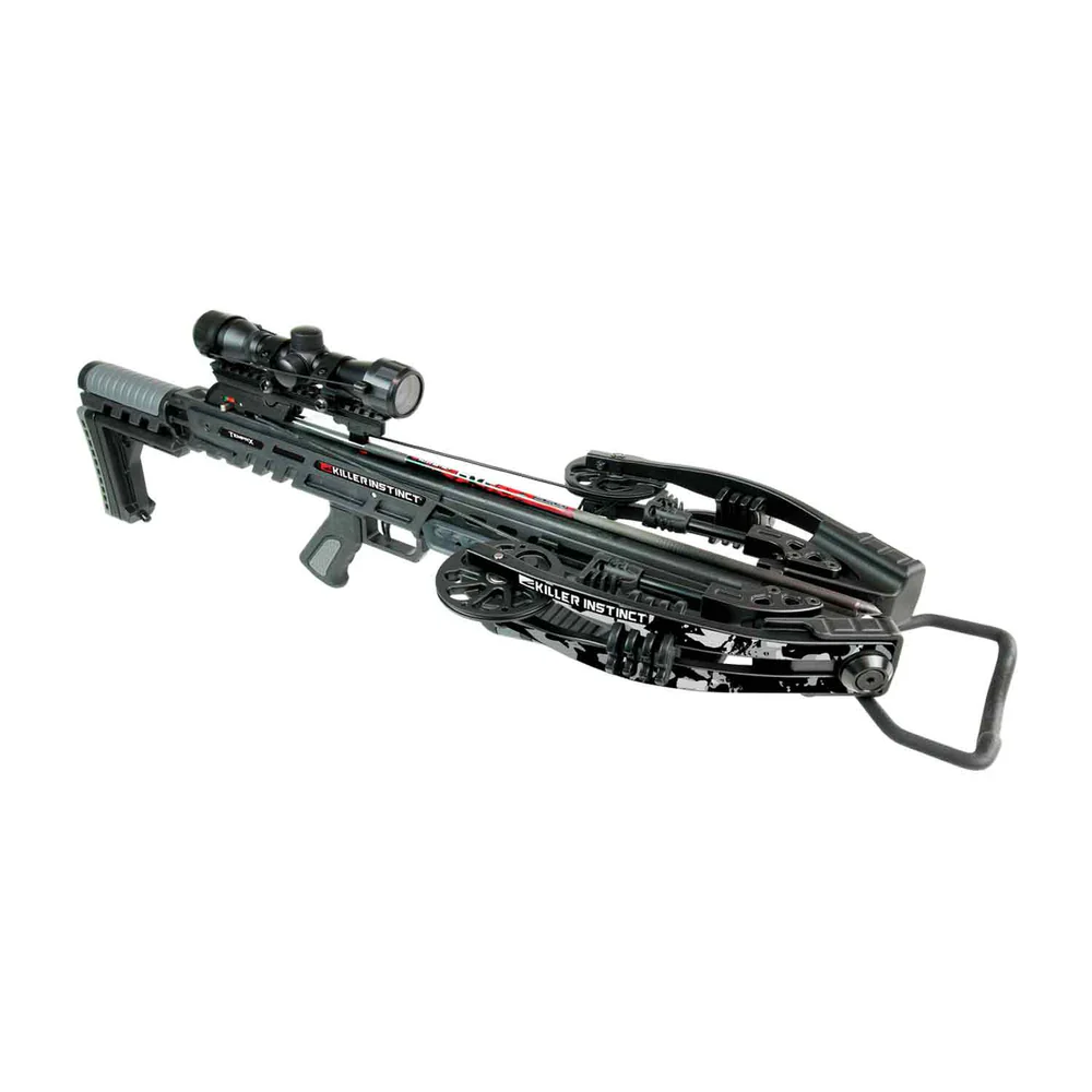 Killer Instinct Tempr-X Crossbow, Tempr-X Kit, 405 FPS crossbow, performance crossbow, precision crossbow, tough hunting environments, X-Cam system, smoother shots, less vibration, easy cocking, efficient crossbow, speed crossbow, stealth crossbow, compact handling, tight quarters hunting, blind hunting, tree stand hunting, molded rubber grip, enhanced comfort, cold conditions hunting, anti-dry fire system, safe shooting, crank compatible, DSC Narrow 1.5 Sled Crank, HYPR bolts, V-Track nock, Lumix 4x32 scope, rope sled cocking device, limited lifetime warranty, Grey/Black crossbow, 135 ft-lbs kinetic energy, 6.75 inch cocked width, ultimate hunting tool, where to buy Killer Instinct Tempr-X, Tempr-X price, best stores to buy Killer Instinct, buy crossbow online, Tempr-X cost.