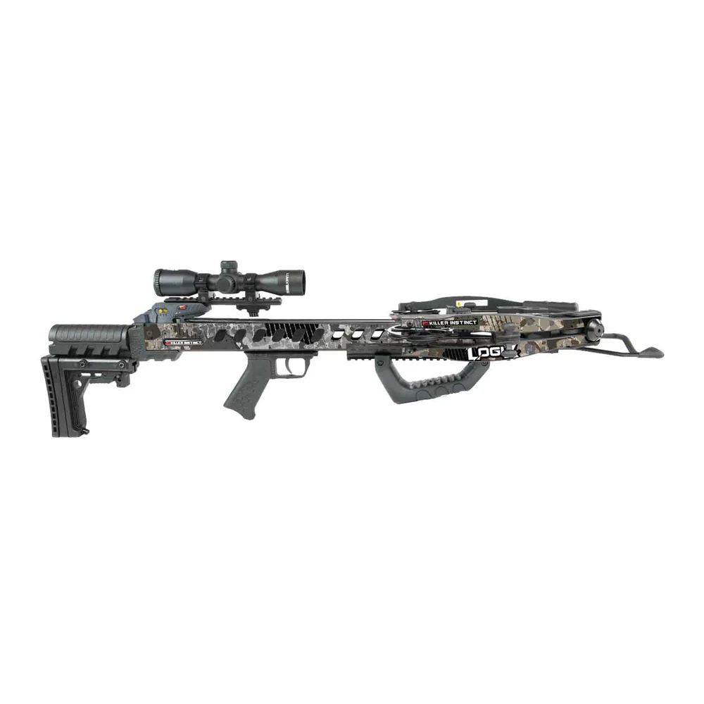 Killer Instinct LogiX 435 Crossbow, LogiX 435 Kit, 435 FPS crossbow, powerful crossbow, 155.5 ft-lbs kinetic energy, Let-Down Triggerbox, safe de-cocking, X-Cam system, compact crossbow, tight spaces hunting, blind hunting, tree stand hunting, X-Trac adjustable buttstock, Tact-Finish camo, stealth hunting, HYPR bolts, Lumix illuminated scope, sled rope cocker, 5-arrow quiver, complete hunting kit, limited lifetime warranty, high-performance crossbow, serious hunters, innovative crossbow, easy-to-cock crossbow, precise targeting, long-range shots, crossbow safety, where to buy Killer Instinct LogiX 435, LogiX 435 price, best stores to buy Killer Instinct, buy crossbow online, LogiX 435 cost.