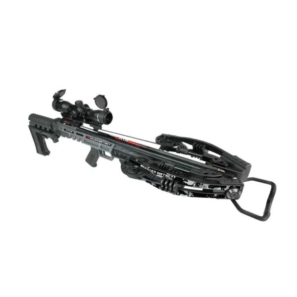Killer Instinct FanatiX 415 Crossbow, FanatiX 415 Kit, 415 FPS crossbow, power crossbow, precision hunting, agility in field, X-Cam system, smoother shot, quieter shot, easy cocking crossbow, ultra-narrow crossbow, tight hunting conditions, lightweight compact stock, rubber molded touchpoints, cold weather hunting, adjustable buttstock, perfect fit crossbow, micro aluminum barrel, shot consistency, premium illuminated Lumix scope, glass-etched reticle, premium 20 inch HYPR bolts, V-Track nocks, maximum impact, Anti-Dry Fire system, safe operation, 3 HYPR bolts included, rope sled cocker, DSC Narrow 1.5 Sled Crank compatible, Limited Lifetime Warranty, Grey/Black crossbow, 141.5 ft-lbs kinetic energy, 6.75 inch cocked width, 10.75 inch uncocked width, where to buy Killer Instinct FanatiX 415, FanatiX 415 price, best stores to buy crossbows online, buy crossbow online, FanatiX 415 cost.