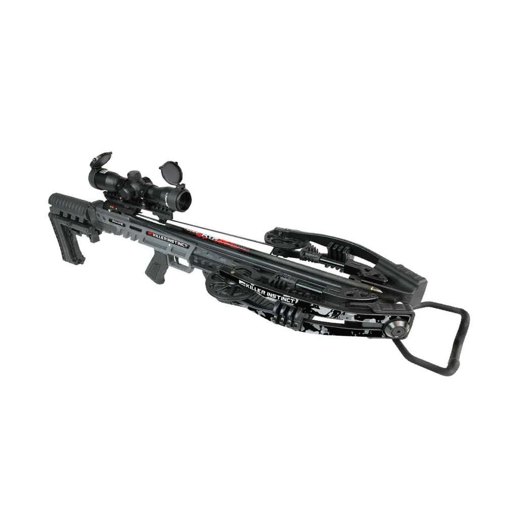 Killer Instinct FanatiX 415 Crossbow, FanatiX 415 Kit, 415 FPS crossbow, power crossbow, precision hunting, agility in field, X-Cam system, smoother shot, quieter shot, easy cocking crossbow, ultra-narrow crossbow, tight hunting conditions, lightweight compact stock, rubber molded touchpoints, cold weather hunting, adjustable buttstock, perfect fit crossbow, micro aluminum barrel, shot consistency, premium illuminated Lumix scope, glass-etched reticle, premium 20 inch HYPR bolts, V-Track nocks, maximum impact, Anti-Dry Fire system, safe operation, 3 HYPR bolts included, rope sled cocker, DSC Narrow 1.5 Sled Crank compatible, Limited Lifetime Warranty, Grey/Black crossbow, 141.5 ft-lbs kinetic energy, 6.75 inch cocked width, 10.75 inch uncocked width, where to buy Killer Instinct FanatiX 415, FanatiX 415 price, best stores to buy crossbows online, buy crossbow online, FanatiX 415 cost.