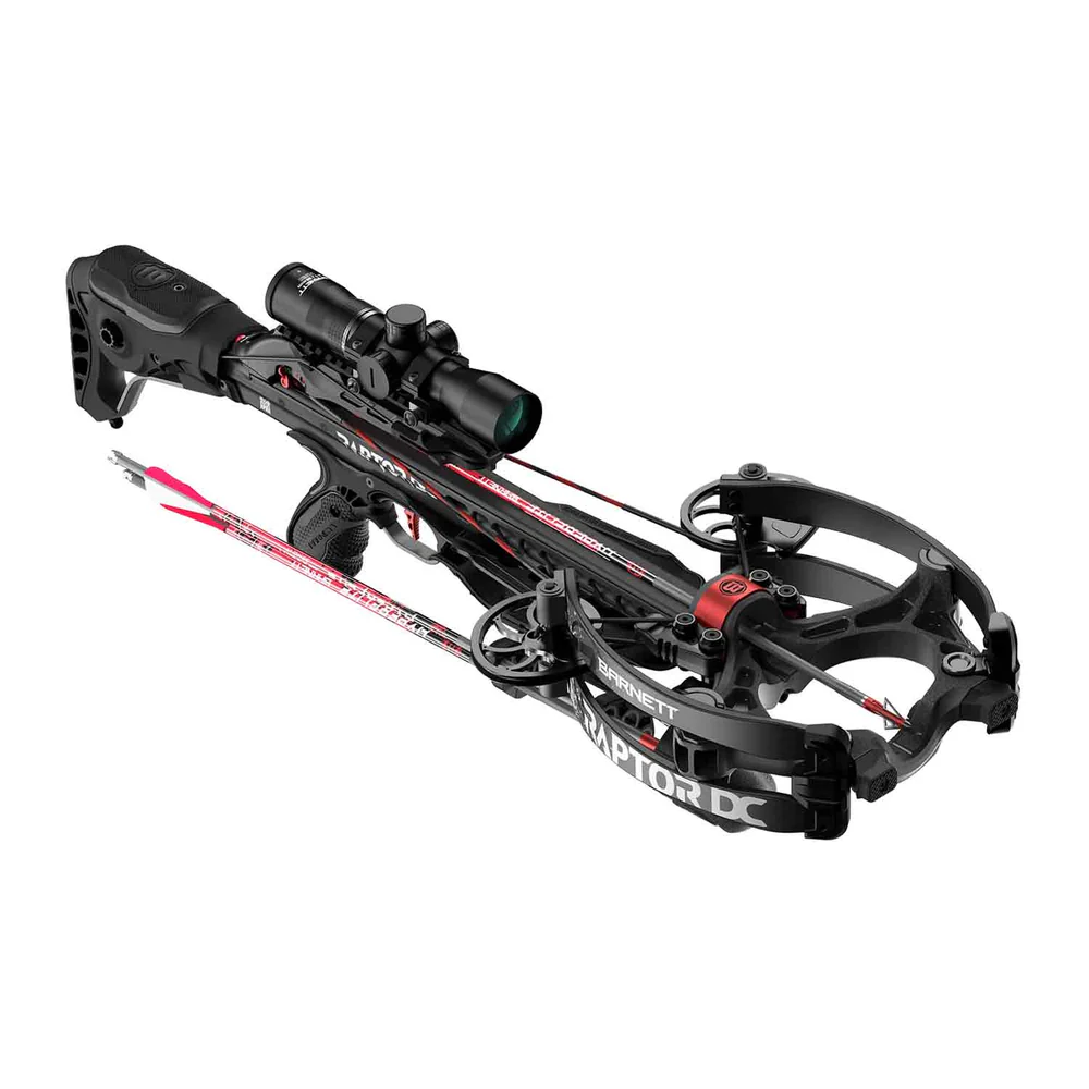 Barnett Hyper Raptor DC Crossbow, Hyper Raptor DC Package, 425 FPS crossbow, 152 ft-lbs kinetic energy, advanced crossbow technology, ultra-compact crossbow, ultra-powerful crossbow, integrated de-cocking system, safe de-cocking, effortless cocking, tree stand hunting, ground blind hunting, nimble crossbow, maneuverable crossbow, tight hunting spaces, 20 inch HyperFlite arrows, deeper penetration, extreme precision, TriggerTech frictionless release, Halo System, Self-Timing Infinity Cams, smooth shot, crisp shot, accurate shot, CNC machined aluminum flight track, Soft-Lok floating bristle retainer, pivoting limb pockets, unparalleled durability, rugged outdoor environments, pass-through foregrip, Verti-Grip palm rest, pre-installed string dampeners, vibration reduction, noise reduction, stealthy hunting, Integrated Planetary Gear Crank Cocking Device, Rope Hold Roller Ball Technology, Anti-Dry Fire Trigger System, HyperFlite compatible, standard moon nock arrows, Continuous Fiber-Molded Parabolic Limbs, Lightweight Composite Step-Through Riser, premium illuminated scope, flip-up caps, neoprene scope cover, quick detach handle, side-mount premium quiver, rail lubrication wax, elite crossbows, hunting gear, archery equipment, where to buy Barnett Hyper Raptor DC, Hyper Raptor DC price, best stores to buy Barnett, buy crossbow online, Hyper Raptor DC cost.