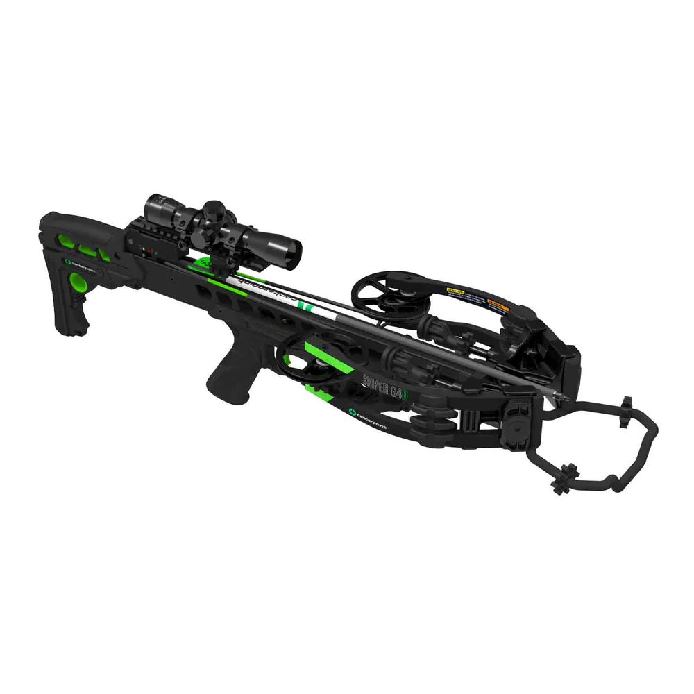 CenterPoint Sniper G4D Crossbow, Sniper G4D Package, 400 FPS crossbow, compact power crossbow, stealth crossbow, 6.75 inch axle-to-axle, superior maneuverability, tight spaces hunting, saddle hunting, blind hunting, tree stand hunting, detachable silent crank system, de-cocking function, quiet cocking, effortless cocking, 4x32mm illuminated scope, dual red green reticles, excellent visibility, precision scope, fully adjustable 4-position buttstock, shooter comfort, custom fit crossbow, CNC machined cam system, aluminum riser, strength crossbow, durability crossbow, smooth performance, anti-dry fire safety, auto safety mechanisms, lightweight aluminum riser, 142 ft-lbs kinetic energy, 20 inch carbon arrows, detachable quiver, rail lube, nimble crossbow, reliable performance, where to buy CenterPoint Sniper G4D, Sniper G4D price, best stores to buy CenterPoint, buy crossbow online, Sniper G4D cost.