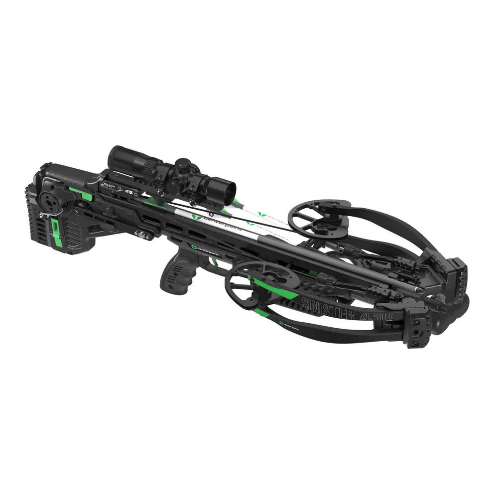 CenterPoint Sinister 430D Crossbow, Sinister 430D Package, 430 FPS crossbow, 164 ft-lbs kinetic energy, precision crossbow, adjustable crossbow, innovative crossbow, silent cocking system, auto-retracting sled, De-Cocking feature, crossbow safety, 1.5-5x32 Speed Ring Scope, dual illuminated reticle, precision aiming, 100 yards accuracy, adjustable bullpup stock, adjustable cheek comb, adjustable foregrip, roller arrow retention spring, 9 inch cocked width, maneuverable crossbow, CNC machined cam, aluminum riser, rugged dependability, Black/Green crossbow, integrated silent crank, 20 inch arrows, parallel mounted quiver, rail lube, powerful crossbow, premium archery gear, expert support, where to buy CenterPoint Sinister 430D, Sinister 430D price, best stores to buy crossbows online, buy crossbow online, Sinister 430D cost.