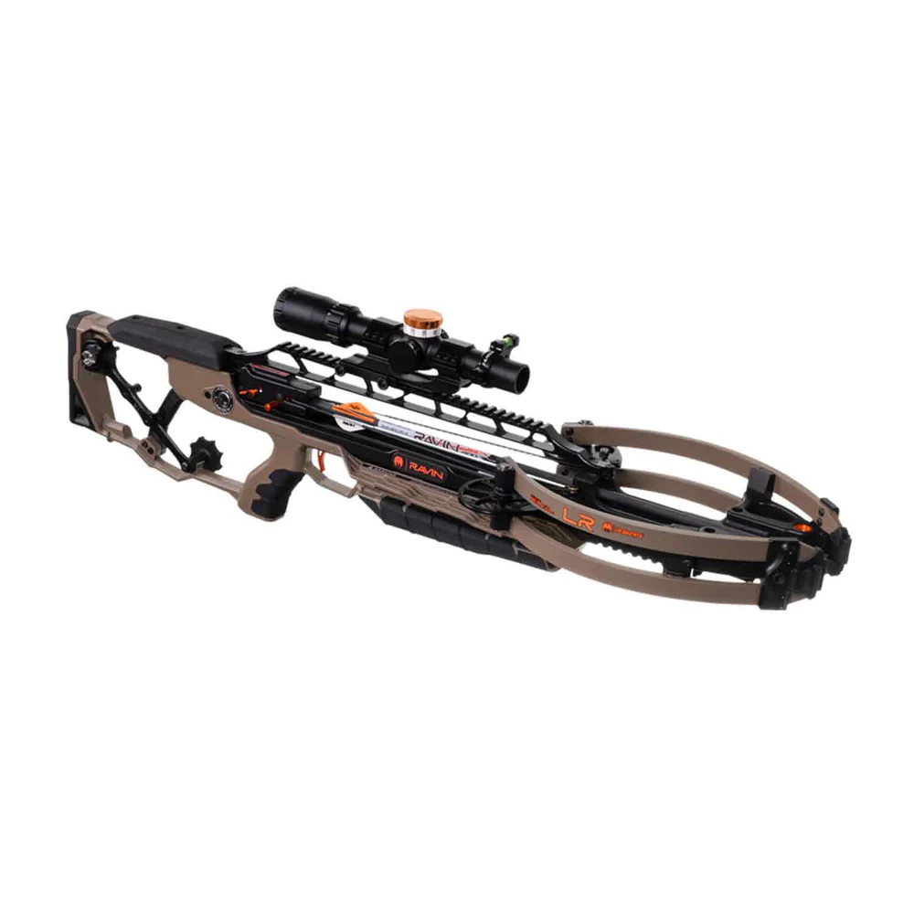 Ravin LR Long Range Crossbow, LR Long Range Package, 450 FPS crossbow, 180 ft-lbs kinetic energy, 135 yards accuracy, precision crossbow, long-range rifle system, serious hunters, target shooters, extreme distances, silent cocking system, adjustable cheek comb, adjustable buttstock, customized fit crossbow, HeliCoil Technology, accurate shooting platform, compact crossbow, 1-8x24 adjustable turret scope, premium .001 arrows, tactical scope level, high-performance quiver, elite shooting experience, unmatched results, top-tier hunting gear, aluminum construction crossbow, polymer construction crossbow, ambidextrous crossbow, Tan/Black Ravin, where to buy Ravin LR, Ravin LR price, best stores to buy Ravin, buy crossbow online, Ravin LR cost.