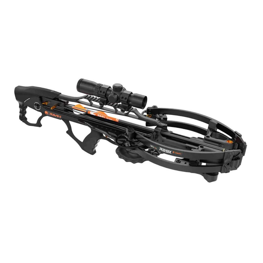 Ravin R29X Crossbow Package, R29X Black, compact power, silent cocking, precision control, crossbow innovation, fully integrated Silent Cocking System, incredible speed, compact maneuverable frame, 450 feet per second, 29 inches length, tight hunting environments, HeliCoil Technology, consistent arrow flight, unparalleled accuracy, ergonomic fore grip, comfortable shouldering, fast target acquisition, excellent control, confidence in every shot, narrow 6 inch axle-to-axle, cocked width, easy movement, dense woods, tight spaces, wider 10.5 inch width uncocked, aids stability, premium features, convenience performance, 100-yard illuminated scope, sharp aiming low-light conditions, built-in cocking mechanism, effortless string tensioning, anti-dry fire auto safety system, protect shooter equipment, removable draw handle, quiver with mounting bracket, three Ravin .003 carbon arrows, field tips, 400 grains, lethal penetration, 180 ft-lbs kinetic energy, 12 lbs draw weight, lightweight 6.75 lbs, extreme portability, top choice hunters, seeking power precision stealth, elevate hunting game, elite crossbow, where to buy Ravin R29X, R29X price, best stores to buy Ravin, buy crossbow online, R29X cost.