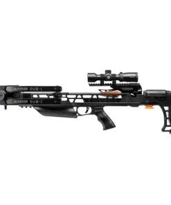 Mission SUB-1 Crossbow, SUB-1 Pro Kit Black, precision engineering, stealth comfort, crossbow design breakthrough, Matt McPherson, Mission Crossbows, shooting experience, unmatched accuracy, ease of use, stealth crossbow, maneuverability crossbow, superior fit feel, Benchmark Fire Control system, patented innovation, safely de-cock, push button de-cocking, no risk accidents, broken arrows, two-stage trigger, match-grade trigger, crisp 3.4 pound pull, consistent smooth shots, pinpoint accuracy, Easy-Load bolt retention arm, optimal downward pressure, reduces noise vibration, enhanced stealth, Sync X cam system, concentric string tracks, constant string distance, dramatically improving precision, eliminating nock travel, horizontal nock travel, vertical nock travel, CNC-machined flight tracks, controlled acceleration, effortless cocking de-cocking, 80% let-off cams, fully adjustable rifle-style stock, length of pull adjustment, six positions, 14.5 inch LOP, 15.75 inch LOP, ambidextrous cheekpiece, 1.25 inch height range, ergonomic over-molded AR-style pistol grip, positive feel, aftermarket AR grips, significant quieter, Mission R.S.D. system, Removable Silent Draw, much quieter, traditional crank cocking devices, true silent draw, compact frame, enhances maneuverability, dense woods hunting, tree stands hunting, ground blinds, ideal choice hunters, silent effective shooting, sleek black finish, proudly made in USA, fully assembled, Mission soft case, ready for hunting adventure, high-performance crossbow, serious archers, bowhunters, reliable precision, 1.5x5x32 Hawke Scope, sharp target acquisition, 3-Arrow Quiver, quick reloads, 19 inch Mission Bolts, optimized for precision, Rope Cocking Aid, effortless cocking.