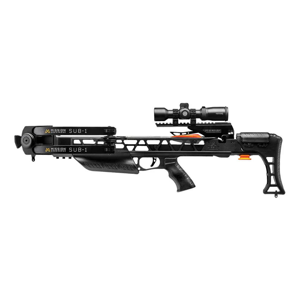 Mission SUB-1 Crossbow, SUB-1 Pro Kit Black, precision engineering, stealth comfort, crossbow design breakthrough, Matt McPherson, Mission Crossbows, shooting experience, unmatched accuracy, ease of use, stealth crossbow, maneuverability crossbow, superior fit feel, Benchmark Fire Control system, patented innovation, safely de-cock, push button de-cocking, no risk accidents, broken arrows, two-stage trigger, match-grade trigger, crisp 3.4 pound pull, consistent smooth shots, pinpoint accuracy, Easy-Load bolt retention arm, optimal downward pressure, reduces noise vibration, enhanced stealth, Sync X cam system, concentric string tracks, constant string distance, dramatically improving precision, eliminating nock travel, horizontal nock travel, vertical nock travel, CNC-machined flight tracks, controlled acceleration, effortless cocking de-cocking, 80% let-off cams, fully adjustable rifle-style stock, length of pull adjustment, six positions, 14.5 inch LOP, 15.75 inch LOP, ambidextrous cheekpiece, 1.25 inch height range, ergonomic over-molded AR-style pistol grip, positive feel, aftermarket AR grips, significant quieter, Mission R.S.D. system, Removable Silent Draw, much quieter, traditional crank cocking devices, true silent draw, compact frame, enhances maneuverability, dense woods hunting, tree stands hunting, ground blinds, ideal choice hunters, silent effective shooting, sleek black finish, proudly made in USA, fully assembled, Mission soft case, ready for hunting adventure, high-performance crossbow, serious archers, bowhunters, reliable precision, 1.5x5x32 Hawke Scope, sharp target acquisition, 3-Arrow Quiver, quick reloads, 19 inch Mission Bolts, optimized for precision, Rope Cocking Aid, effortless cocking.