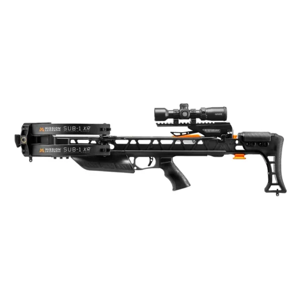 Mission SUB-1 XR Crossbow, SUB-1 XR Pro Kit, precision stealth control, serious hunters, exceptional accuracy, ease of handling, Benchmark Fire Control technology, match-grade trigger, ultra-smooth crisp pull, consistent shot placement, maximum accuracy, stalking game, shooting targets, user convenience, easy load bolt retention arm, securely holds bolts, quick safe loading, tight awkward positions, reducing downtime, successful shot, safety enhanced, built-in de-cocking button, safely release tension, without firing arrow, protecting hunter surroundings, comfort control optimized, precision adjustable stock, ergonomic pistol grip, balanced customized fit, reduces fatigue, extended use, maintain steadiness, long hours field, high-quality Hawke Pro Scope, clear target acquisition, rope cocker, effortless quiet cocking, 3-bolt quiver, fast reloads, 19 inch Mission bolts, field points, lethal performance, rail lube, smooth string and rail, reliable stealthy highly accurate crossbow package, seasoned hunters, beginners, upgrading hunting arsenal, where to buy Mission SUB-1 XR, Mission SUB-1 XR price, best stores to buy Mission, buy crossbow online, SUB-1 XR cost.