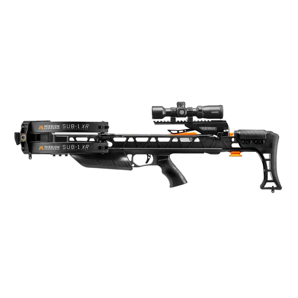 Mission SUB-1 XR Crossbow, SUB-1 XR Pro Kit, precision stealth control, serious hunters, exceptional accuracy, ease of handling, Benchmark Fire Control technology, match-grade trigger, ultra-smooth crisp pull, consistent shot placement, maximum accuracy, stalking game, shooting targets, user convenience, easy load bolt retention arm, securely holds bolts, quick safe loading, tight awkward positions, reducing downtime, successful shot, safety enhanced, built-in de-cocking button, safely release tension, without firing arrow, protecting hunter surroundings, comfort control optimized, precision adjustable stock, ergonomic pistol grip, balanced customized fit, reduces fatigue, extended use, maintain steadiness, long hours field, high-quality Hawke Pro Scope, clear target acquisition, rope cocker, effortless quiet cocking, 3-bolt quiver, fast reloads, 19 inch Mission bolts, field points, lethal performance, rail lube, smooth string and rail, reliable stealthy highly accurate crossbow package, seasoned hunters, beginners, upgrading hunting arsenal, where to buy Mission SUB-1 XR, Mission SUB-1 XR price, best stores to buy Mission, buy crossbow online, SUB-1 XR cost.